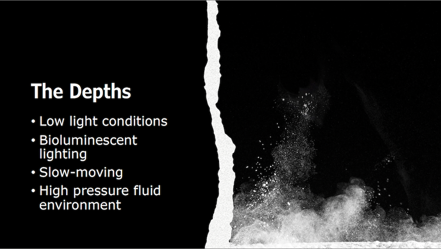 slide 11, The Depths, with CNNs optimised for the low-light conditions, bioluminescent illumination and slow speed of high pressure environments.